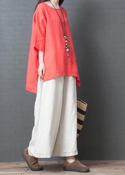 2019 red cotton casual low high design t shirt and white wide leg pants ...