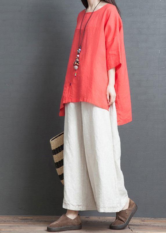 2019 red cotton casual low high design t shirt and white wide leg pants ...