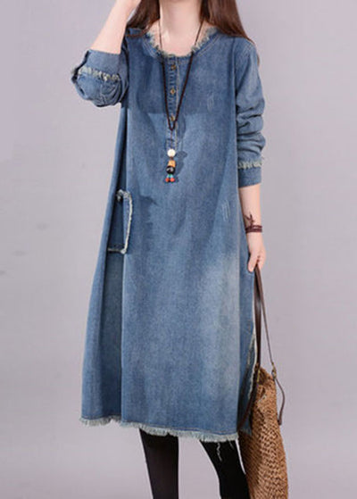 art blue o neck pockets button denim fall long sleeve dress regular ...