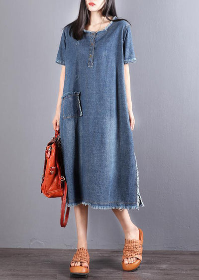 beautiful blue pockets button fall denim short sleeve party dress ...