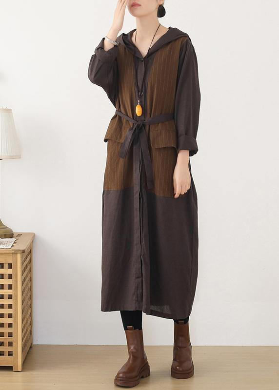 Beautiful hooded Plus Size striped trench coat chocolate cotton women coats - SooLinen