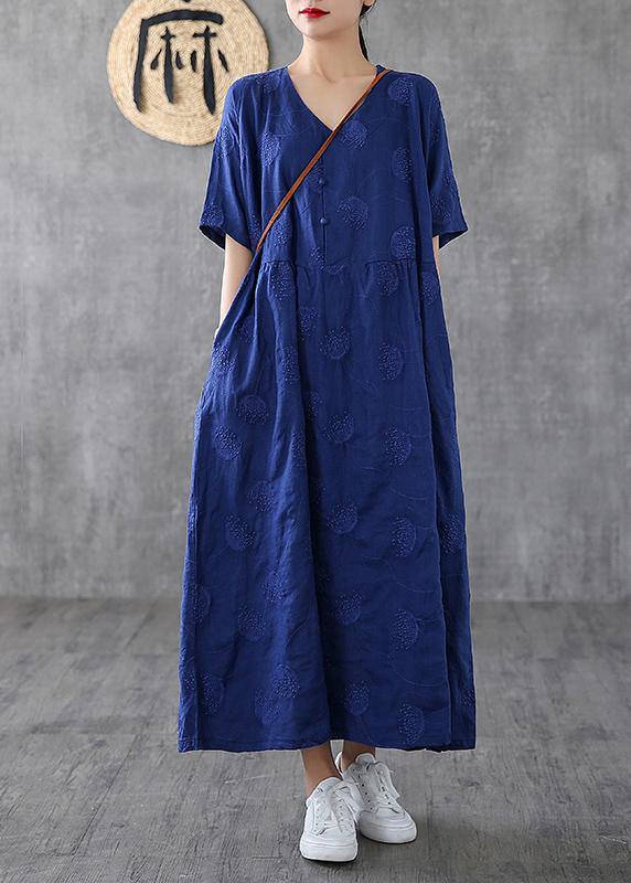 Bohemian v neck embroidery linen dresses Tutorials navy Dress – SooLinen