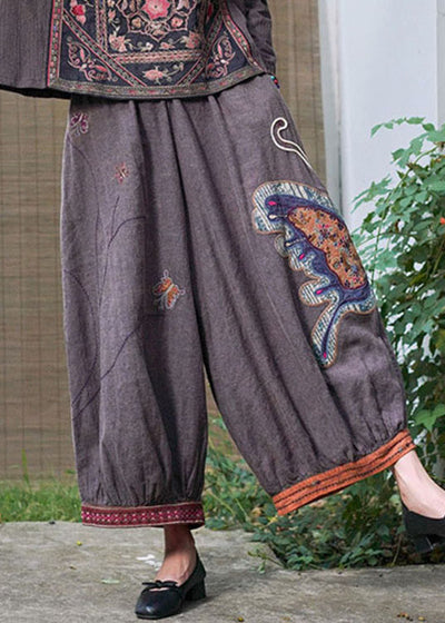 boho purple retro embroideried oriental lantern casual fall pants ...