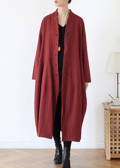brick red v neck button linen trench coats long sleeve regular price ...