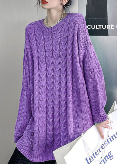 casual purple o neck cable knit sweaters loose fall sweater regular ...