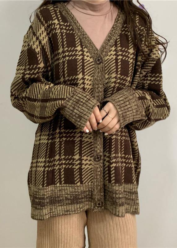 Cute brown plaid knit cardigans Loose 