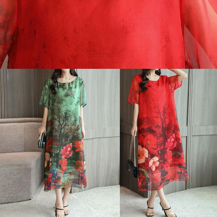 DIY o neck silk Tunics Work Outfits green print loose Dresses summer ...