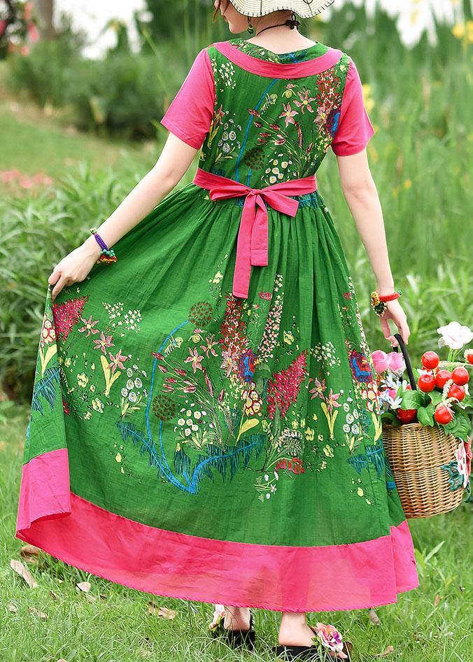 DIY tie waist patchwork cotton quilting dresses Runway green print Kaf ...