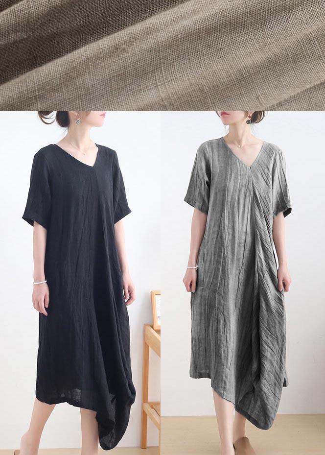 Diy Khaki asymmetrical design V Neck Long Summer Linen Dress - SooLinen