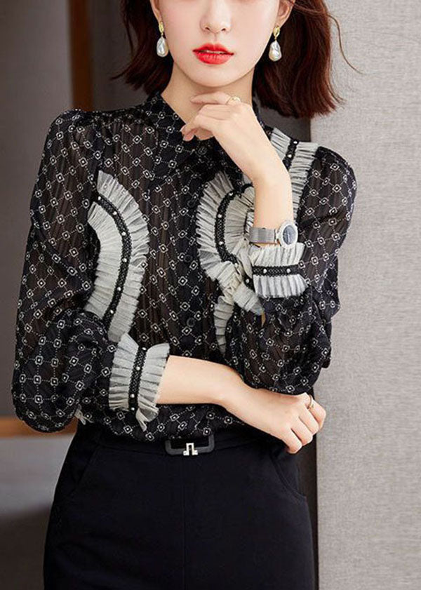Elegant sort standkrave flæsede patchworkprint chiffonskjorter lange SooLinen