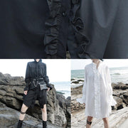 Elegant black stand collar cotton clothes Women flare sleeve cotton robes ruffles shirt Dress - SooLinen