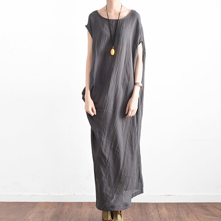 Elegant gray oversized summer linen dresses side drape asymmetrical co ...
