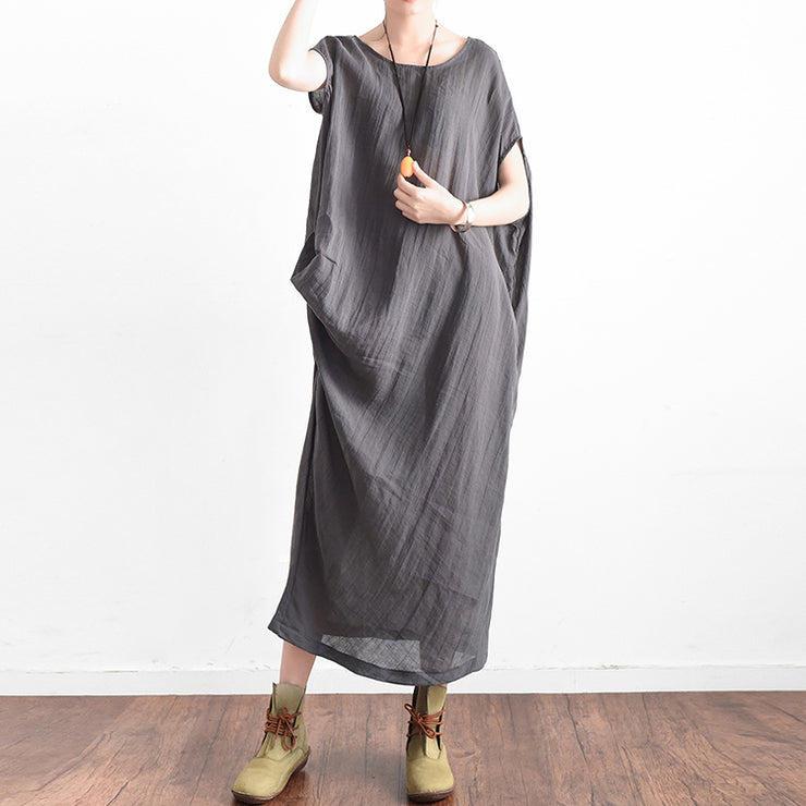Elegant gray oversized summer linen dresses side drape asymmetrical co ...