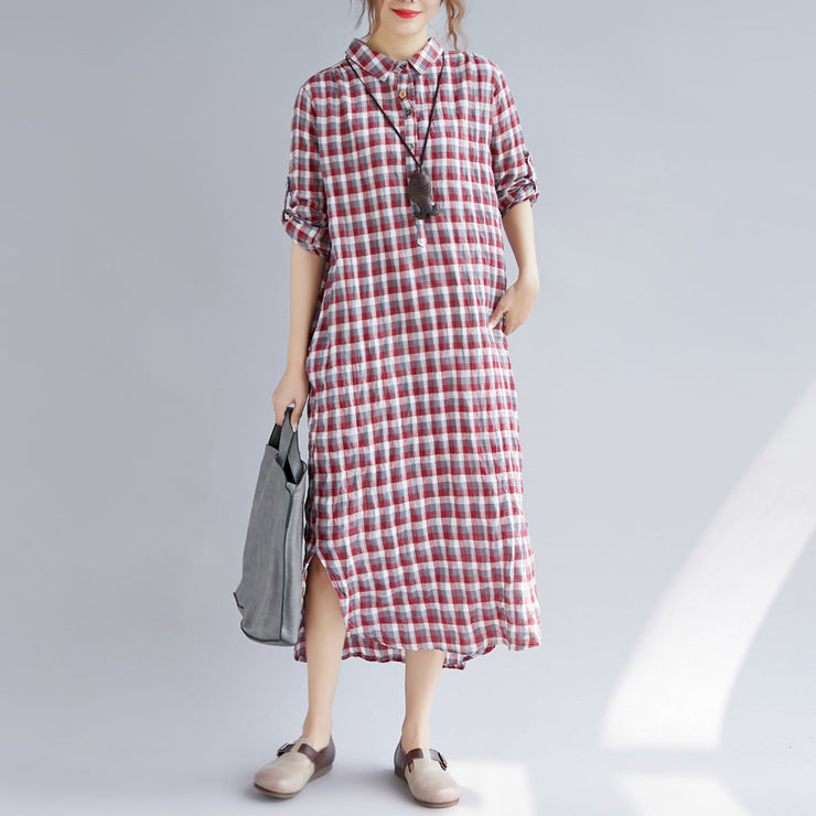 Elegant red Plaid cotton maxi shirt dress oversize Turn-down Collar ...