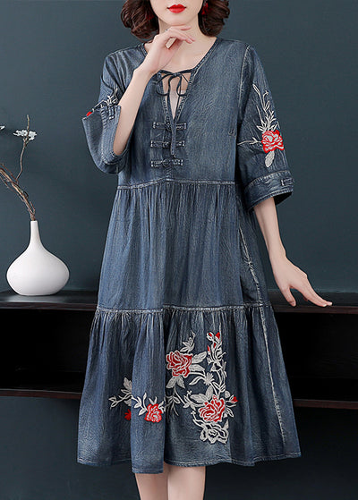 fashion blue v neck embroideried cotton holiday denim dress half sleeve ...