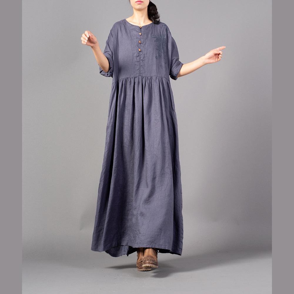 Fine gray embroidery long linen dresses plus size O neck gown 2018 Cin ...