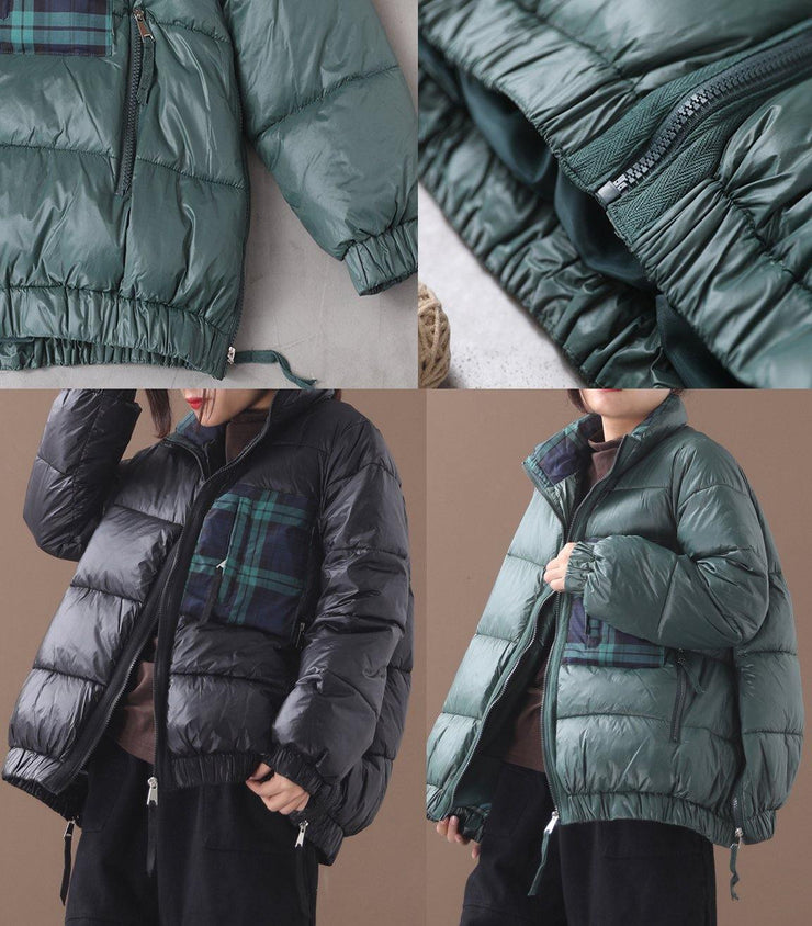 Fine green goose Down coat Loose fitting winter jacket patchwork plaid ...