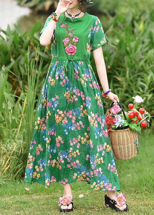French green print cotton clothes tie waist embroidery cotton robes ...
