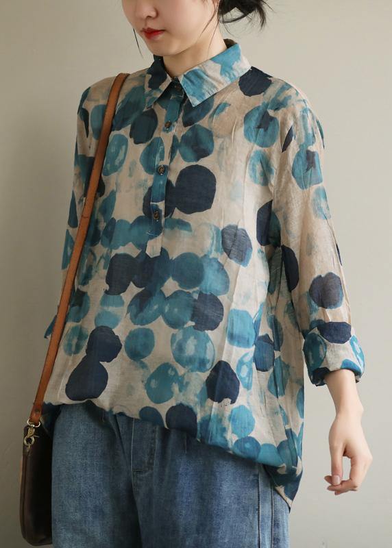 French lapel fall Tunic Wardrobes blue dotted blouses – SooLinen
