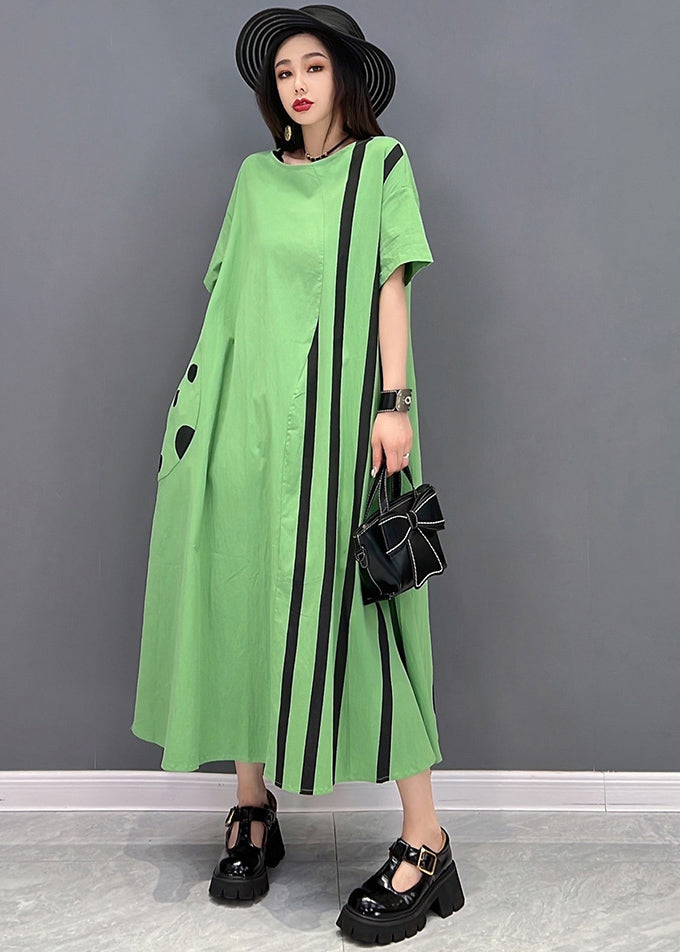 Green Striped Patchwork Cotton Vacation Dresses O-Neck Oversized Short ...