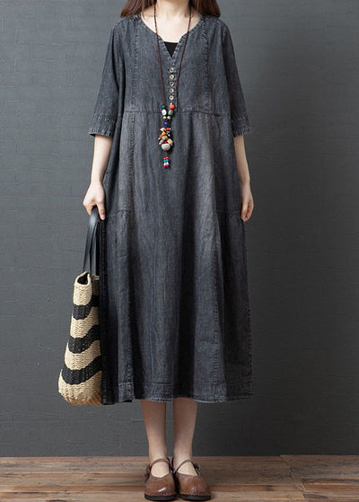 handmade blue v neck button patchwork fall denim half sleeve maxi dress ...