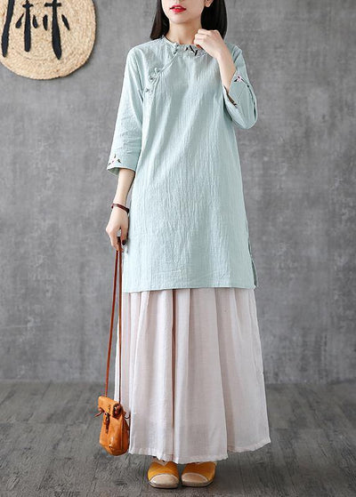 Handmade o neck embroidery linen clothes For Women Catwalk light green ...