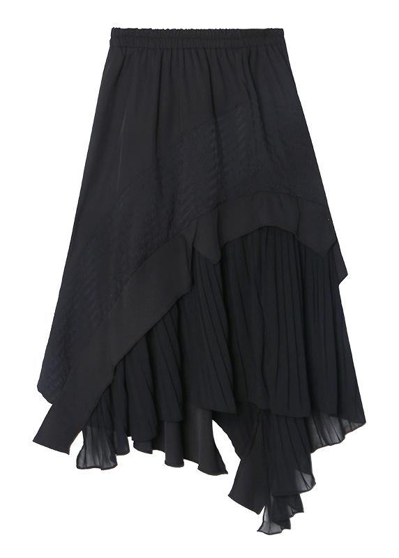 Irregular skirt a-line skirt mid-length black stitching pleated skirt ...