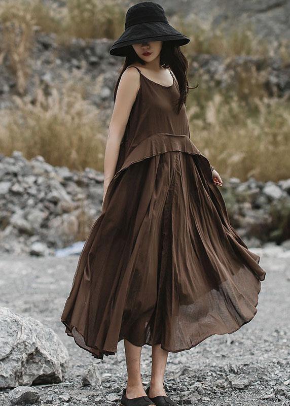 Italian Brown Linen Clothes Sleeveless Long Summer Dresses Soolinen