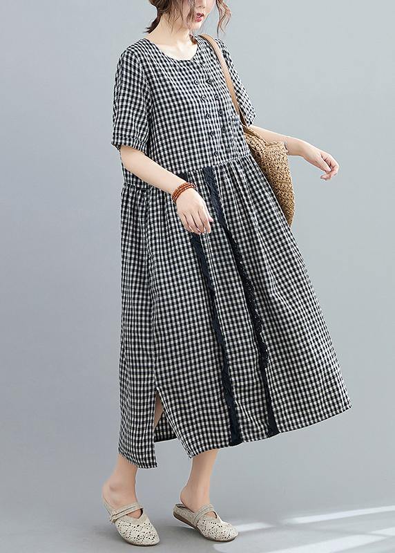 Italian o neck side open linen Long Wardrobes black plaid Dresses ...