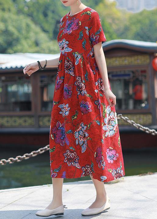 Italian red print cotton linen dress o neck tie waist cotton robes sum ...