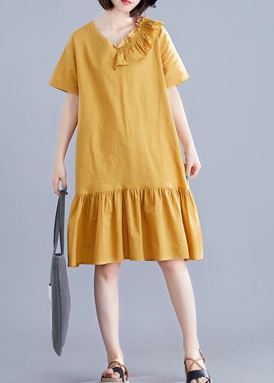 gul linned kjoler v-hals Flæser Art sommer kjole SooLinen