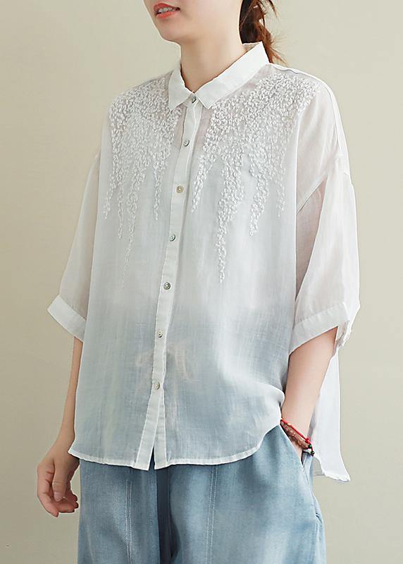 Loose white embroidery linen tops women blouses lapel half sleeve ...