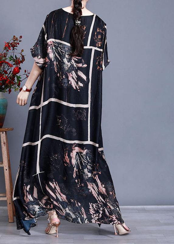 Modern Black Print Satin Maxi Dress Plus Size Patchwork Caftan - SooLinen