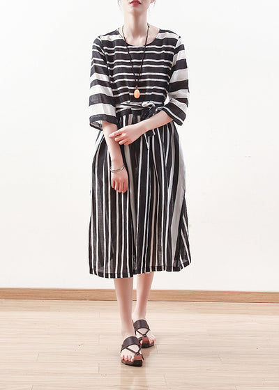 modern black white striped linen clothes for tie waist cotton summer ...