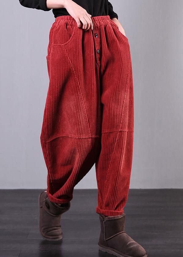 Modern red women pants oversize fall Corduroy pockets Cotton casual pa ...