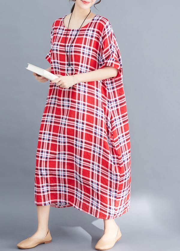 Natural o neck cotton clothes For Women Fabrics red plaid Maxi Dress s ...