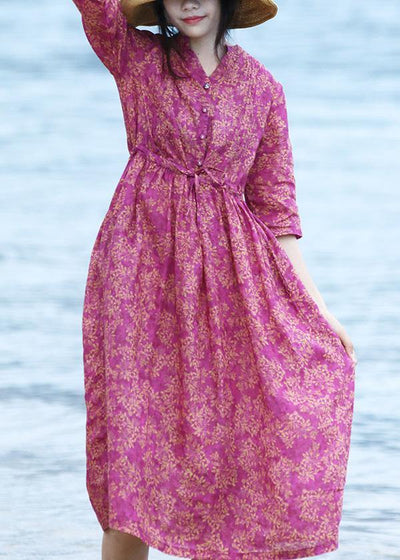 Natural Purple Pockets Short Sleeve Robe Cotton Linen Dresses