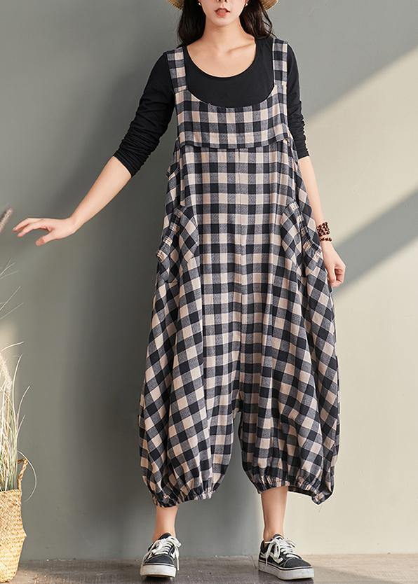 New cage pants casual plaid jumpsuit cotton and linen overalls women ...