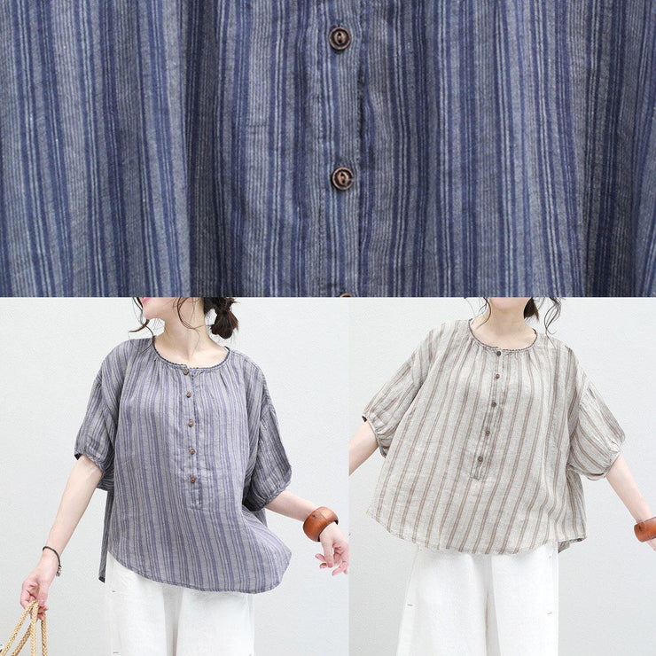 Organic blue striped linen box top o neck half sleeve oversized summer ...