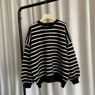 oversized black striped knitted blouse plus size clothing o neck low ...