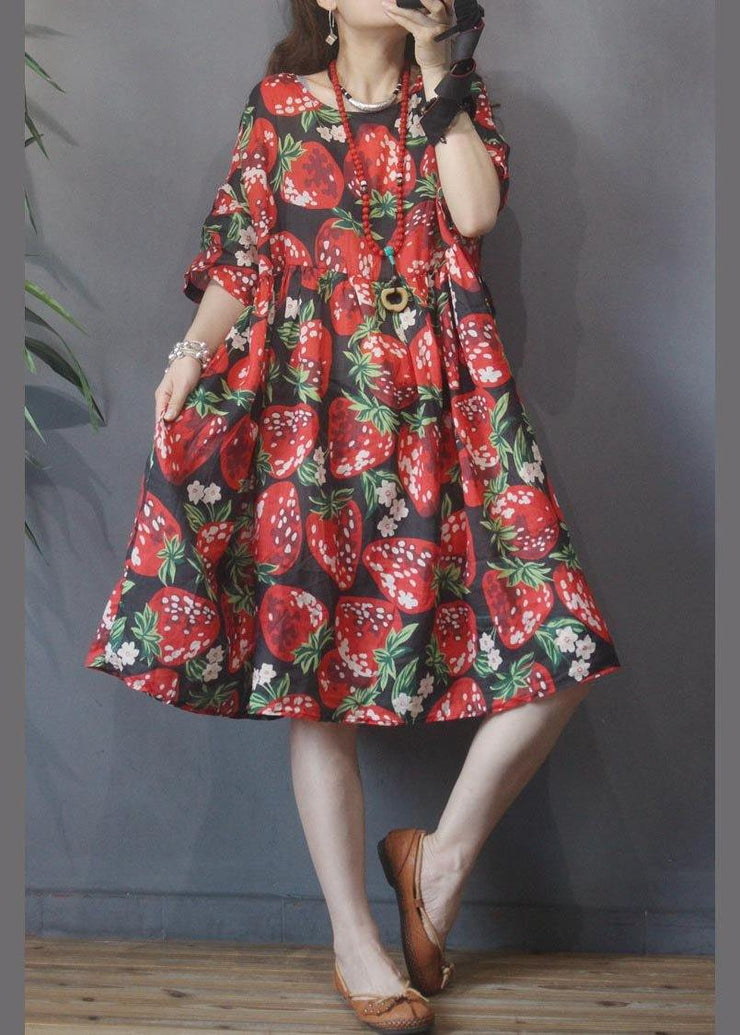 Plus Size Black Print strawberry High Waist Long Dresses Summer Linen ...
