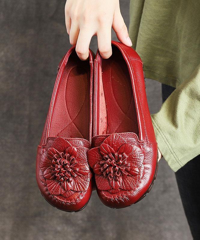 Red Floral Cowhide Leather Flat Shoes For Women Flat Soolinen 0115