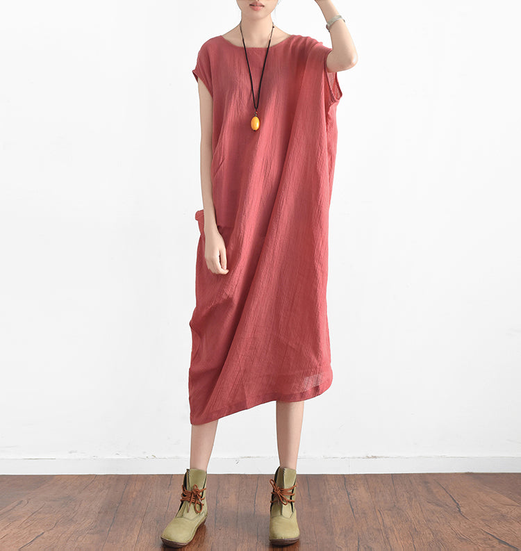 Red summer linen dresses side draping 