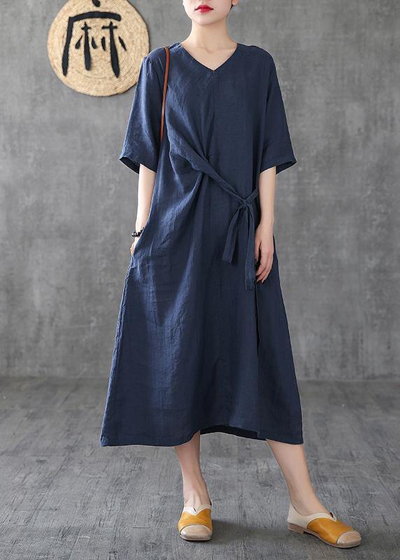 Style navy linen dresses v neck tunic linen robes summer Dress – SooLinen