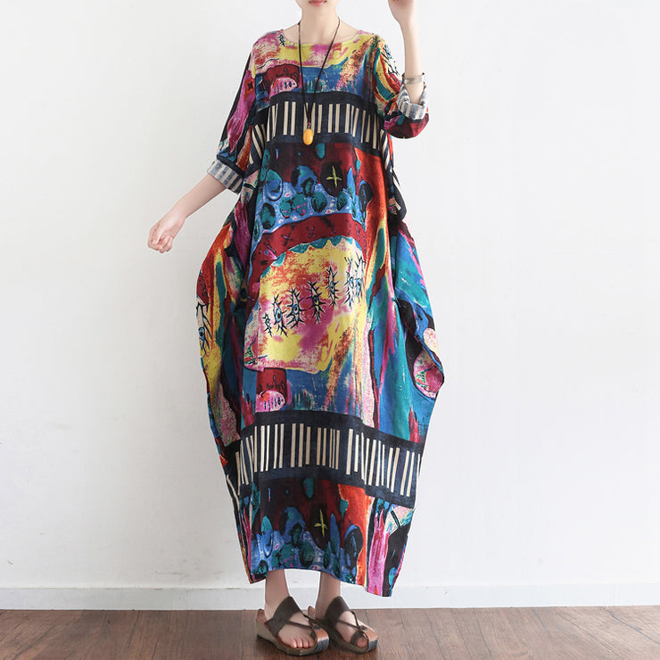 Tropical element floral baggy linen dresses oversize caftans gown ...