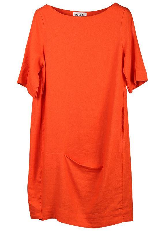 Unique orange linen tops women cotton o neck mid long tops – SooLinen