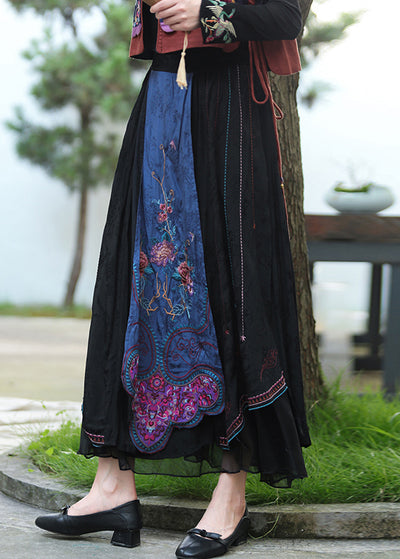 vintage black embroideried floral tulle patchwork elastic waist linen ...