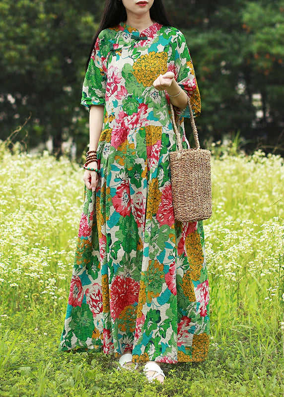 Vintage Green Mandarin Collar Cinched Print Maxi Dress Half Sleeve