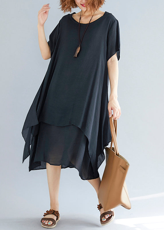 Vivid black linen-cotton tunics for women plus size Fabrics o neck asy SooLinen