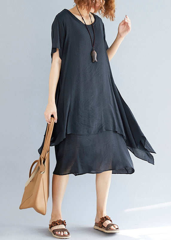 Vivid black linen-cotton tunics for women plus size Fabrics o neck asy ...